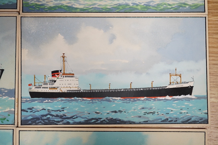 Harry Hudson Rodmell (1896-1984), six original gouaches on card for postcard designs, Merchant Shipping scenes to include MV Container Enterprise, MT Boston Arrow and MV Caxton, one signed, 12 x 20cm, unframed. Condition